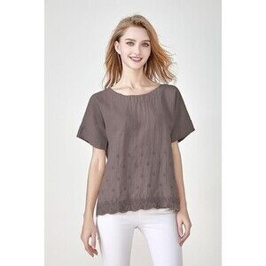 Minibee Women's Summer Linen Tunic Shirt High Low Hem Embroidery Blouse Top L